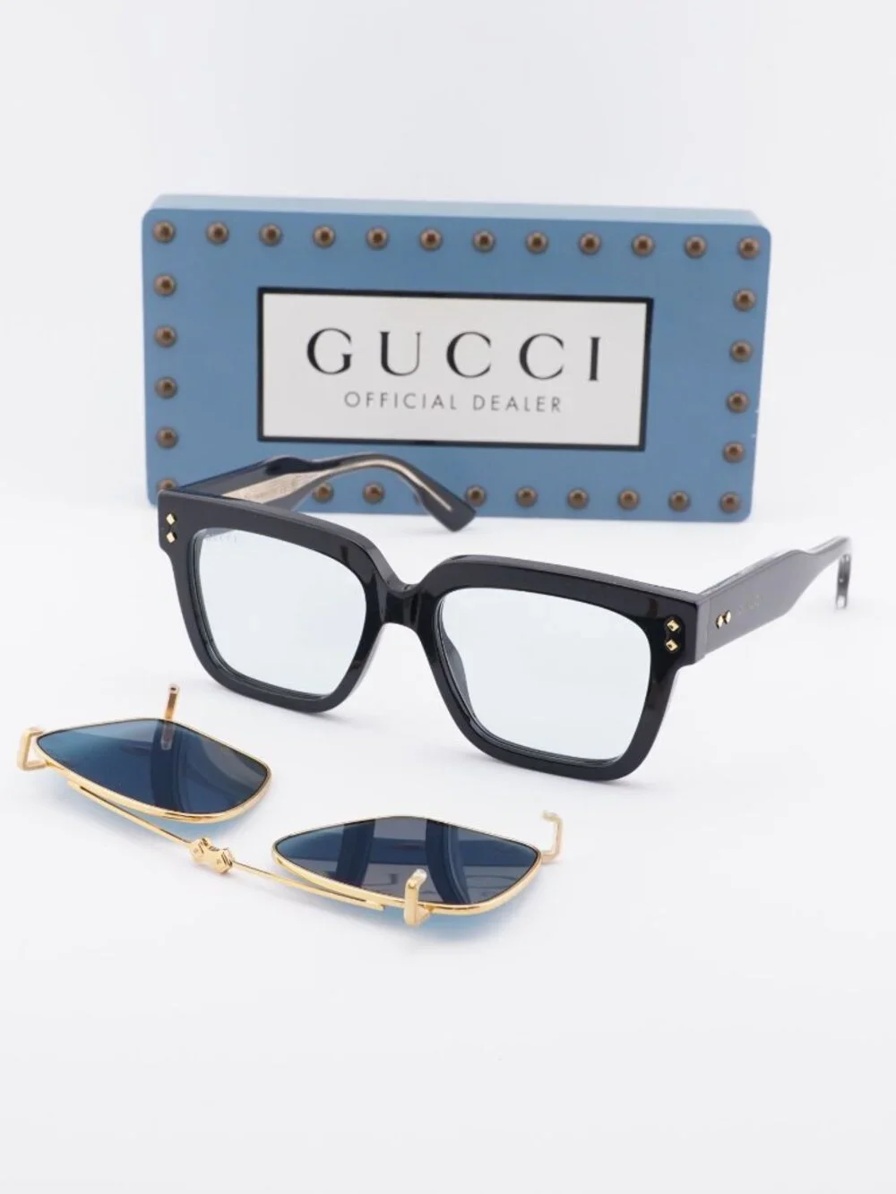 Gucci GG1084S 005 Square Sunglasses - Black / Gold / Light Blue Clip-On